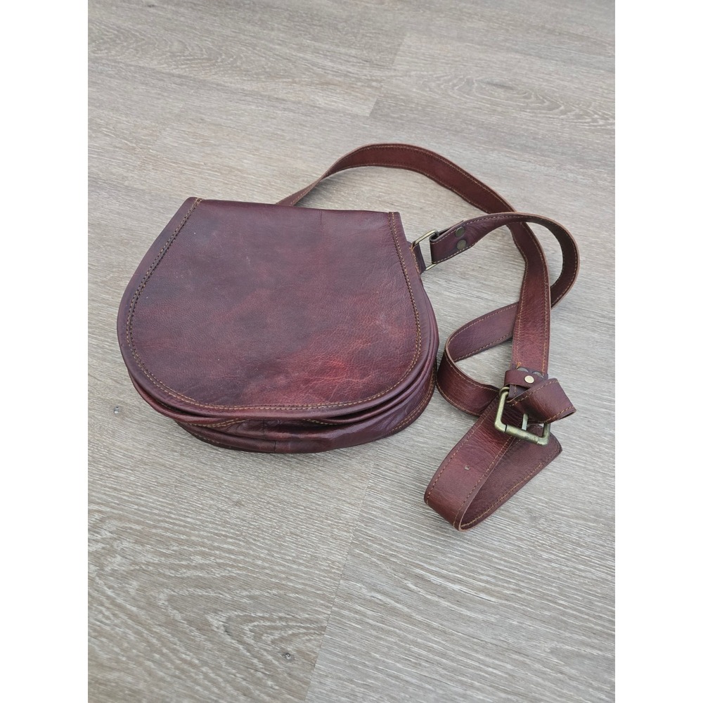 Vintage Brown Leather Saddle Bag Crossbody Green Lining Small Messenger‎ Purse